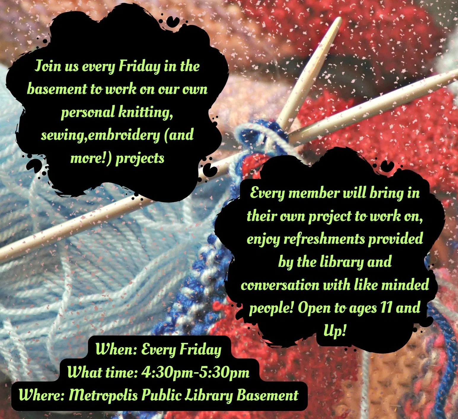 Recreation Time for Needle Crafters - Nifty Needles Meets from 4:30-5:30 on Friday Afternoons at the Metropolis Public Library