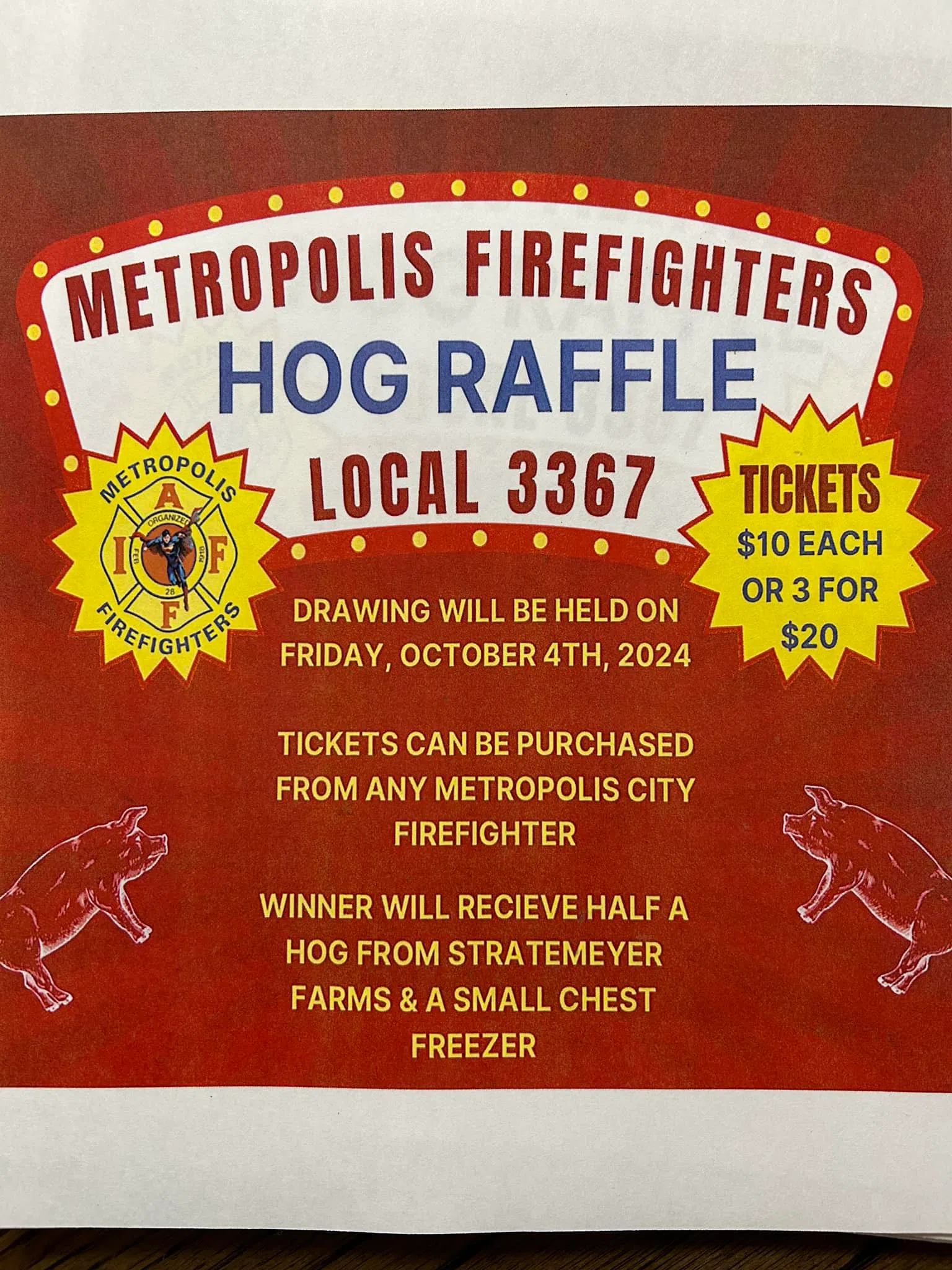 Metropolis Firefighters Host Hog Raffle Fundraiser - Drawing October 4th