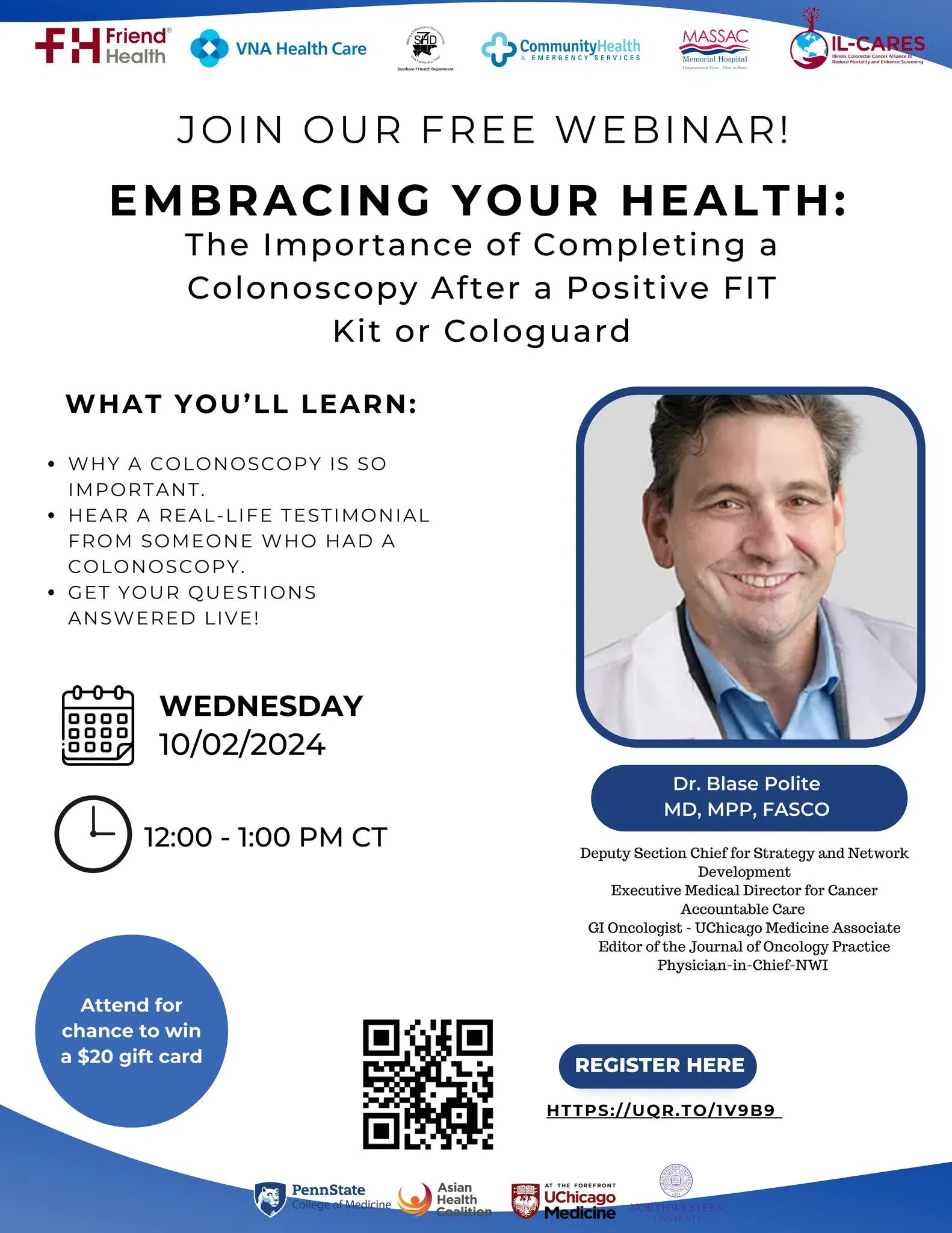 Free Webinar: Overcoming Barriers to Colonoscopy Screening - Wednesday October 2nd - Noon to 1pm