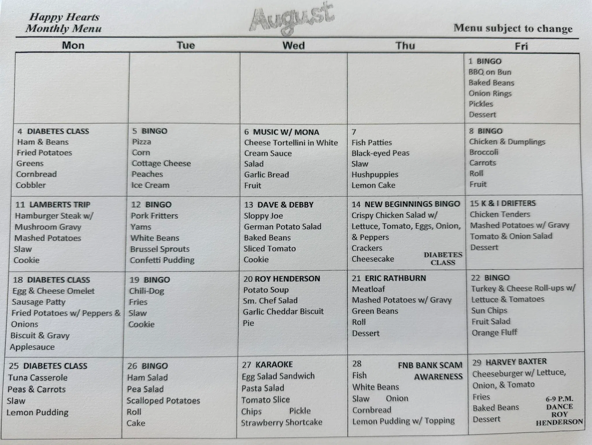 August Happy Heart Senior Center Menu and Reflecting on Social Wellness: A Continuation Beyond July