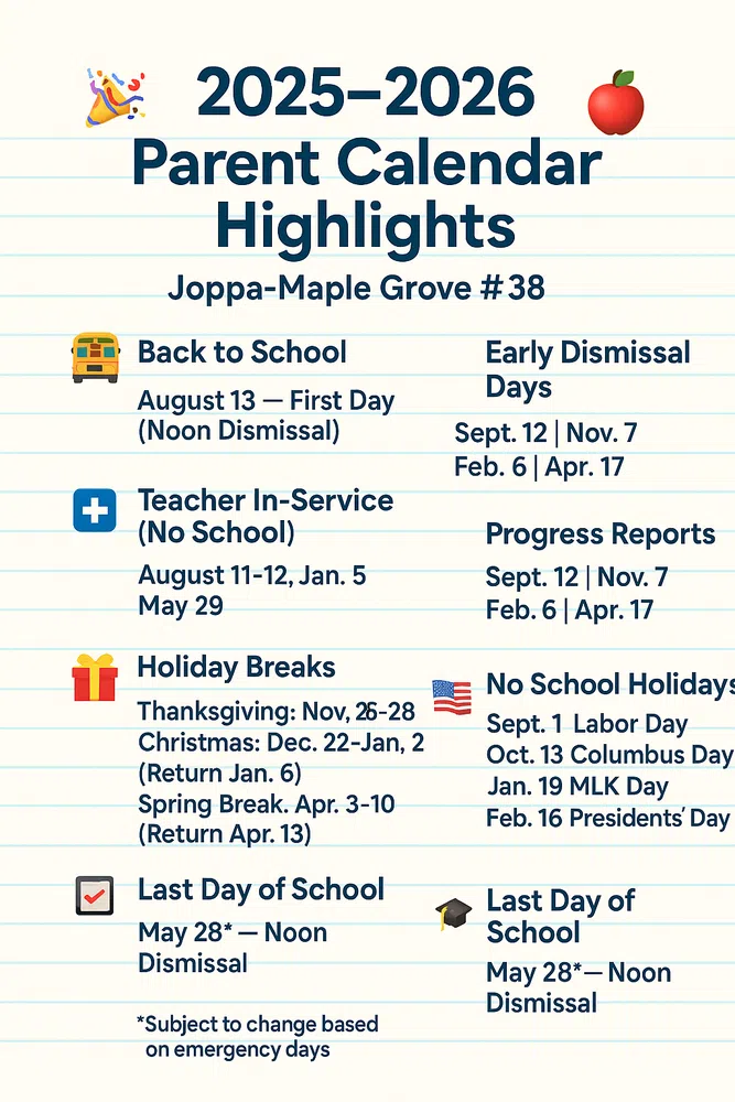 Joppa Maple Grove #38 - Parent Calendar Highlights