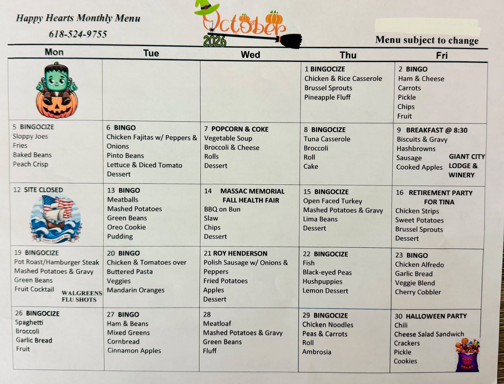 October 2026 Happy Hearts Senior Center Menu