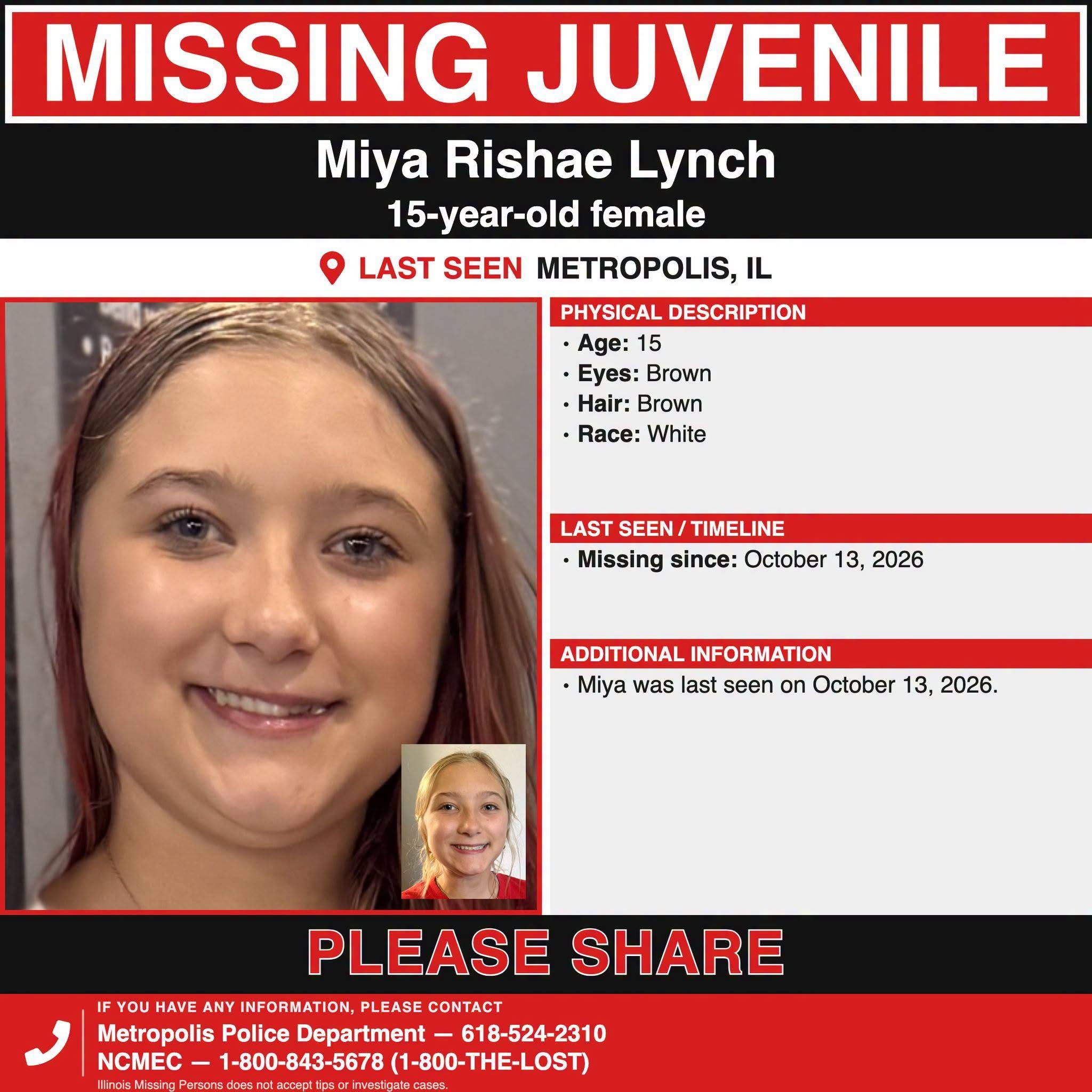 METROPOLIS POLICE SEEK PUBLIC'S HELP IN LOCATING MISSING 15-YEAR-OLD MIYA LYNCH