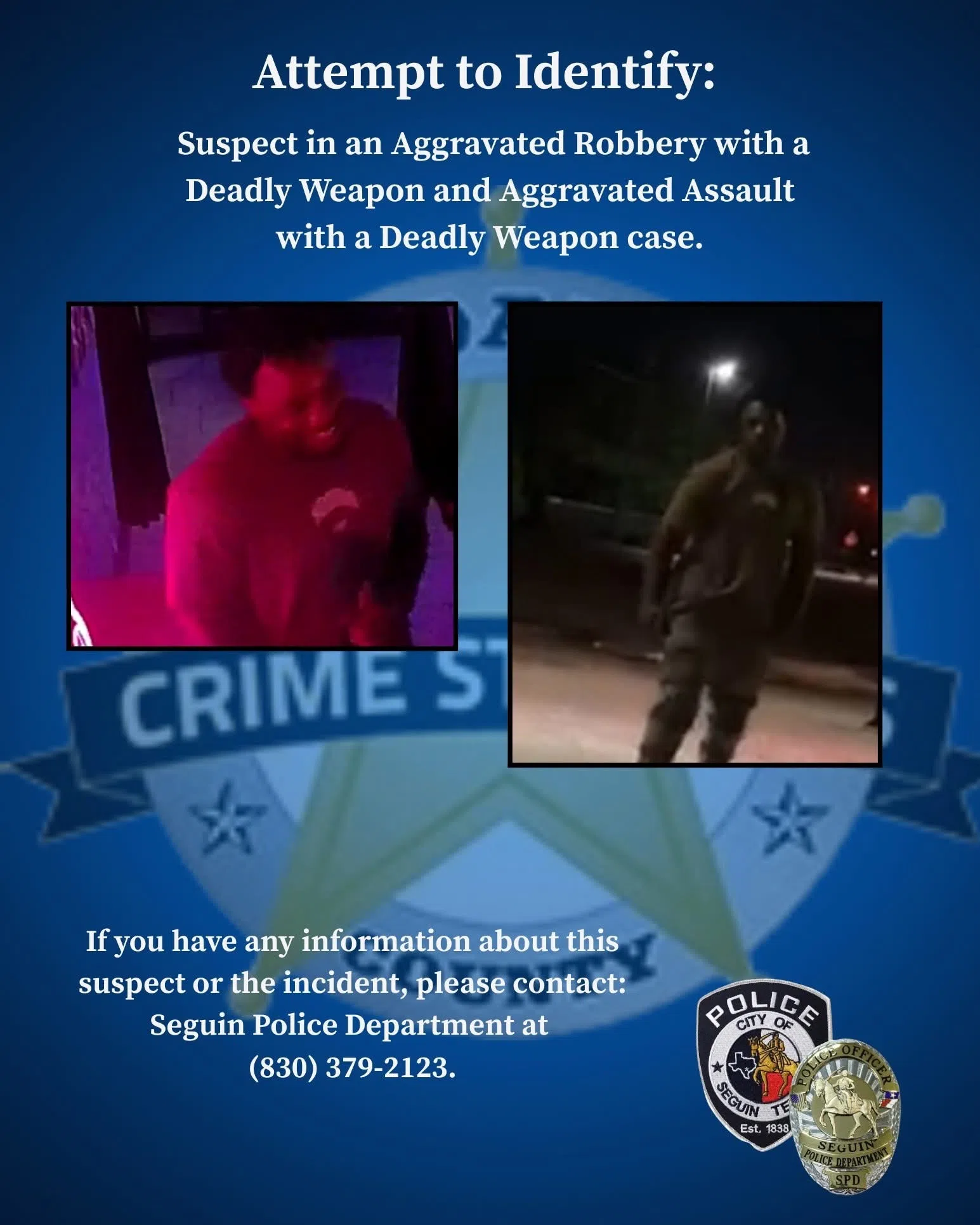 Seguin Police seek public's help identifying suspect in violent robbery and shooting