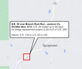 S.R. 58 in Jackson County closes Sept. 12 for bridge replacement