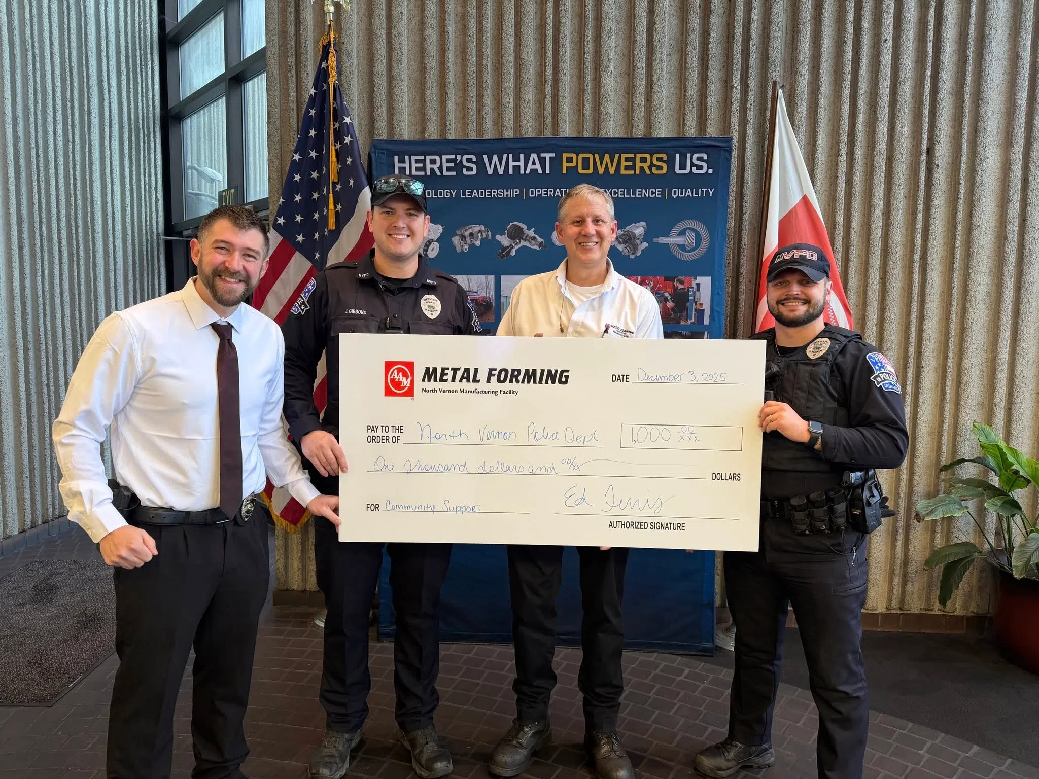 NVPD Narcotics Task Force receives donation from AAM Metal Forming