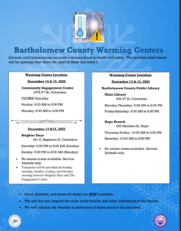 Bartholomew County Warming Centers avaliable during the winter weather