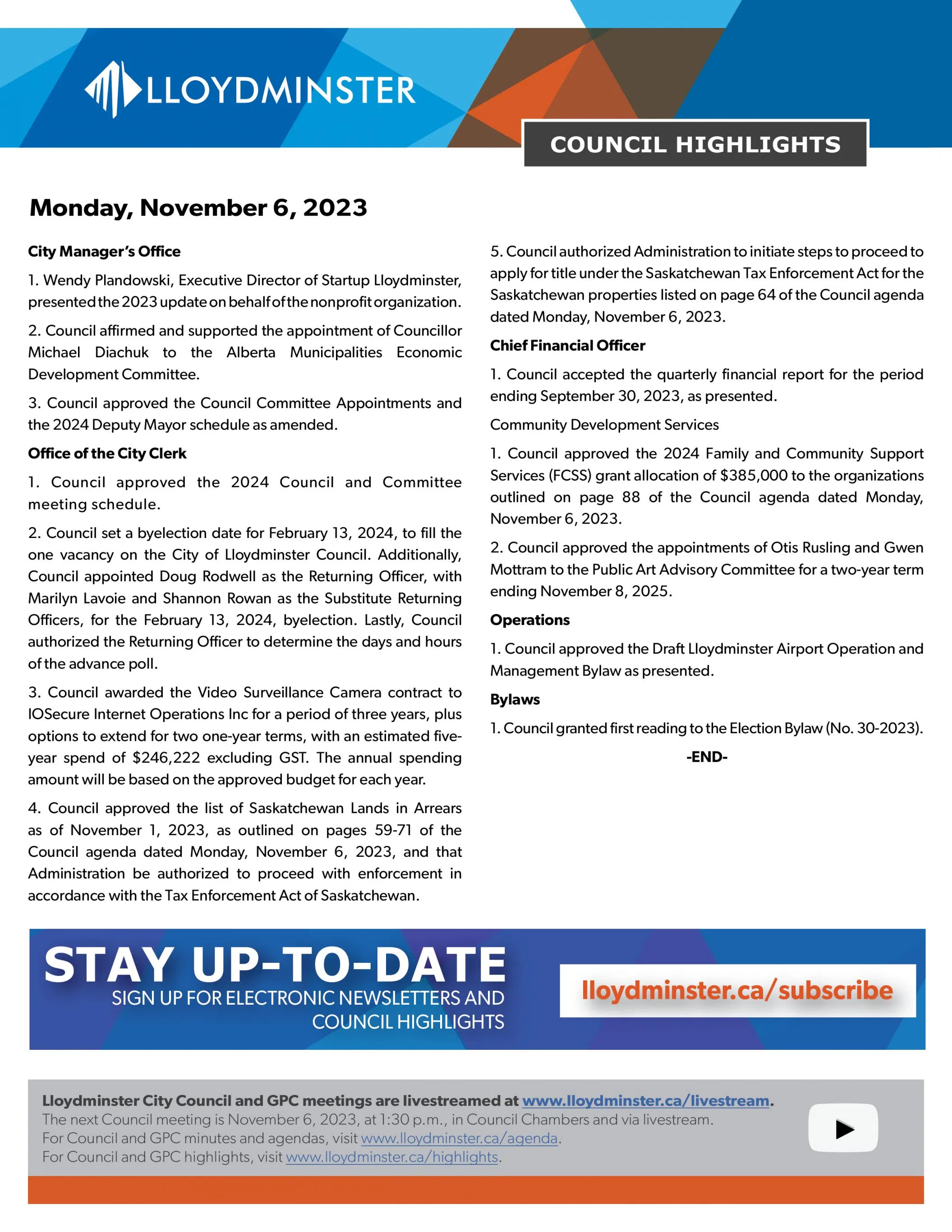 Nov. 6 Lloydminster City Council Highlights