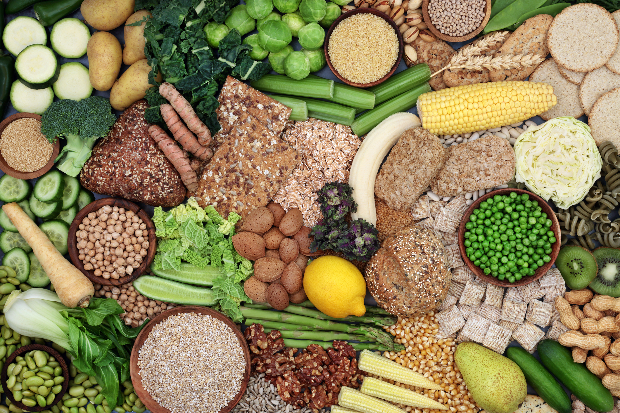 Plant based high fibre health food for gut health with fruit, vegetable, grain & cereal products.