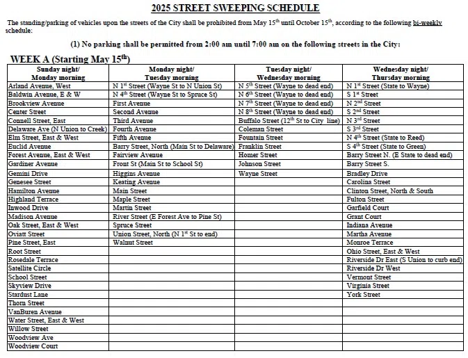 Olean Street Sweeping Schedule for 5/14-5/15