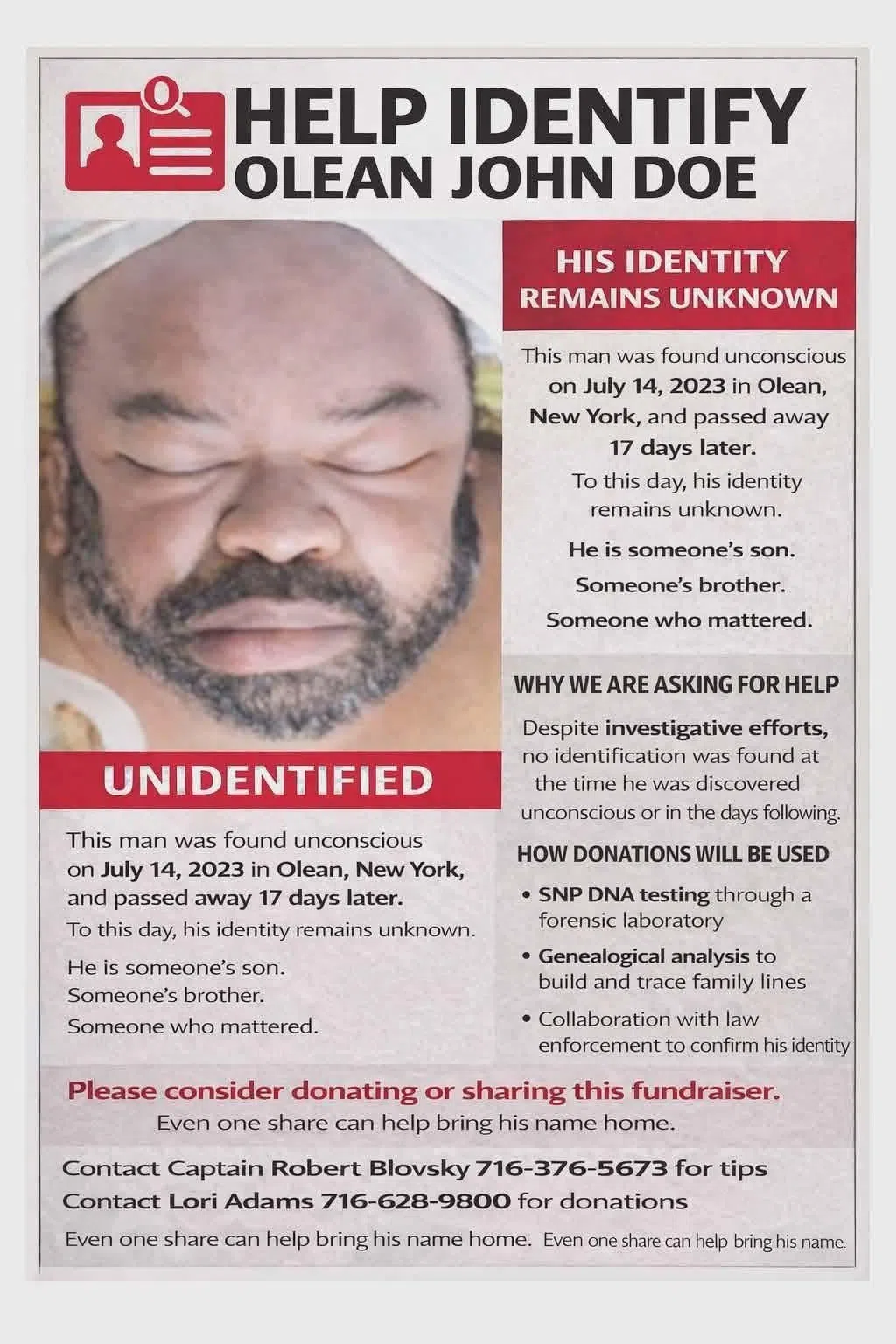 Olean Police Teaming Up with Nonprofits to Identify John Doe