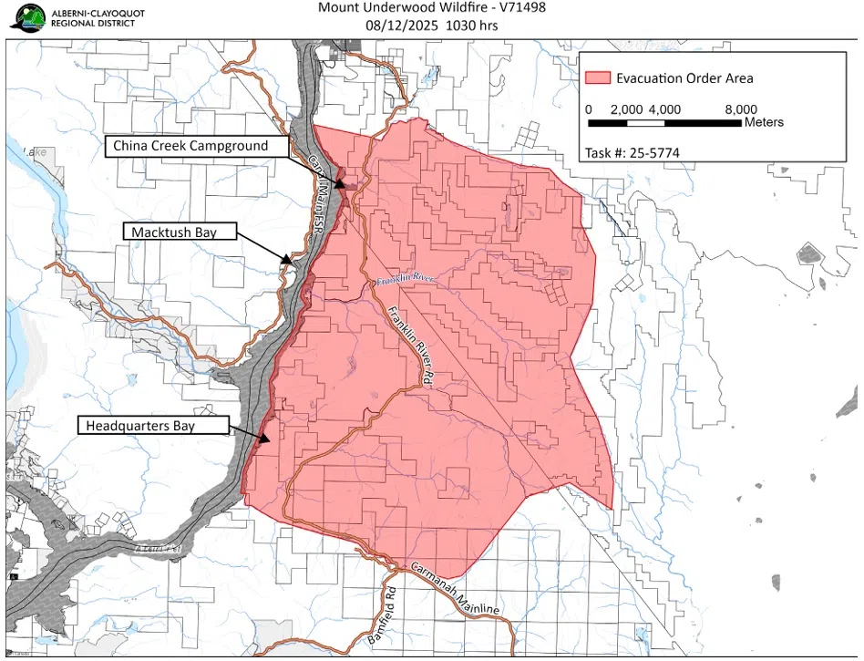 A map showing the properties under an evacuation order due to the Mount Underwood wildfire. (Alberni-Clayoquot Regional District)
