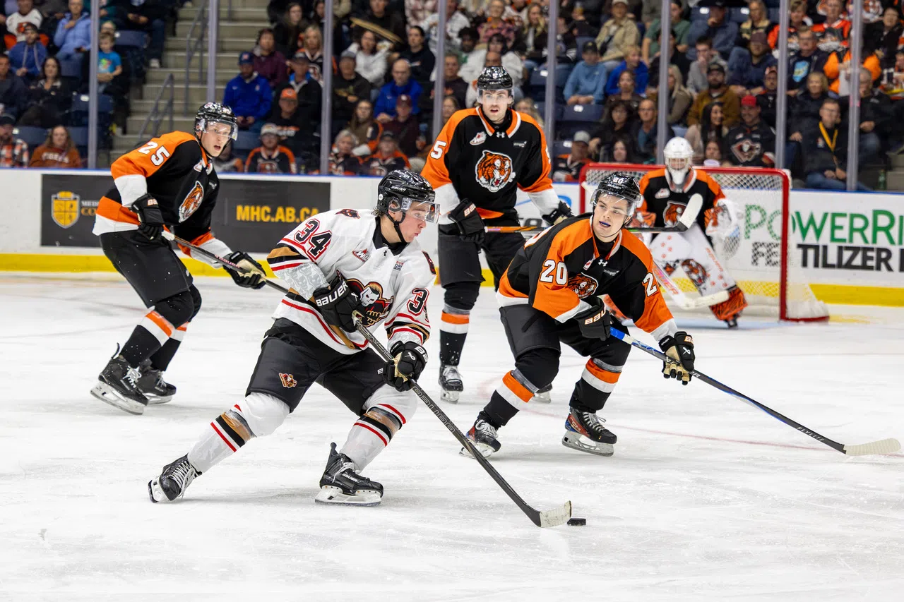 The Medicine Hat Tigers battle the Calgary Hitmen inside Co-op Place on Saturday, October 4th, 2025. Photo Credit: Randy Feere/Medicine Hat Tigers