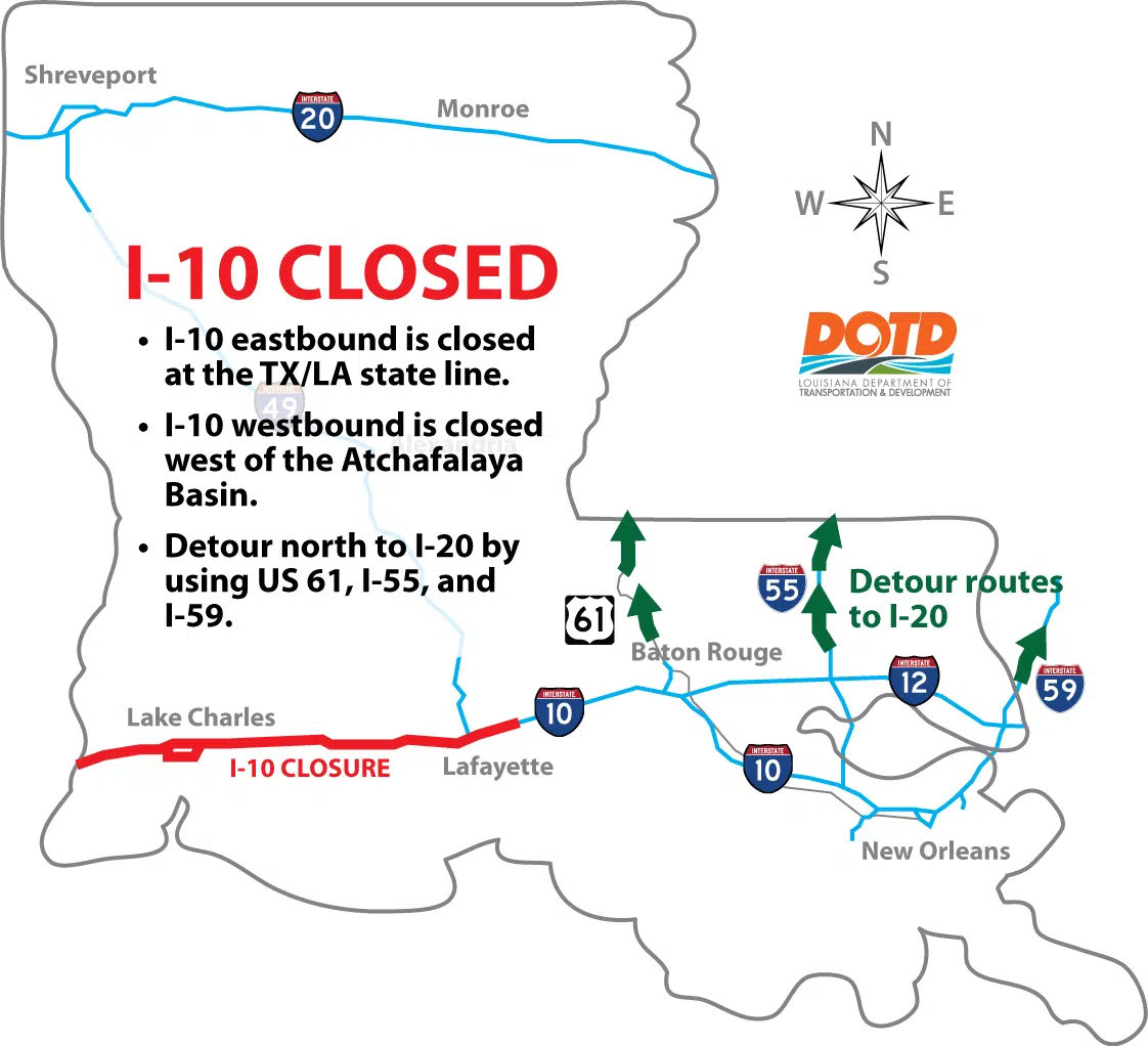 Interstate 10 in southwest Louisiana is now closed to traffic