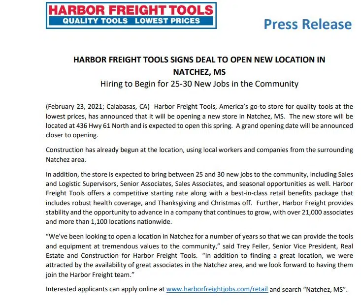 Harbor Freight Tools Signs Deal to Open New Location in Natchez, MS