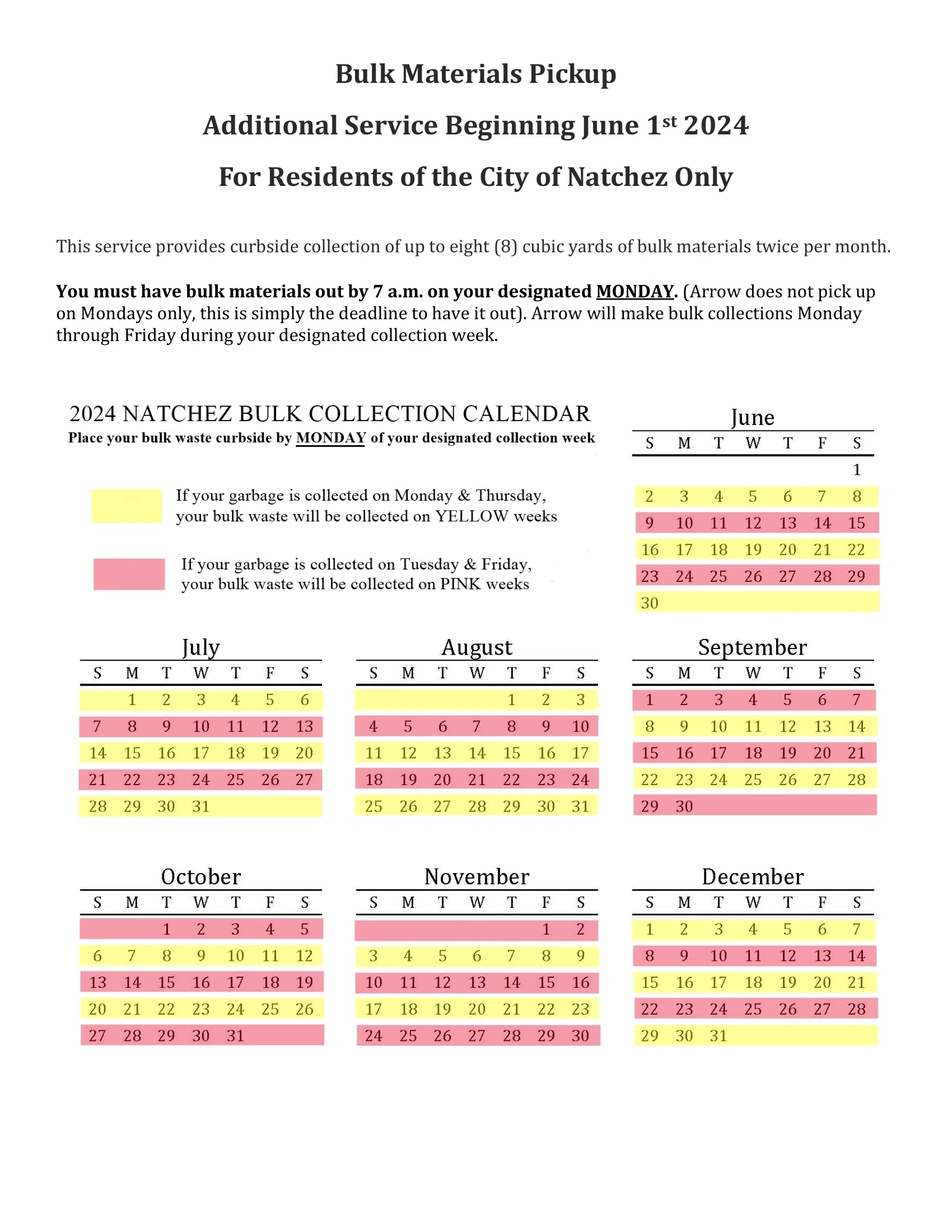 Natchez Introduces Bulk Pickup Service Starting June 1st, 2024
