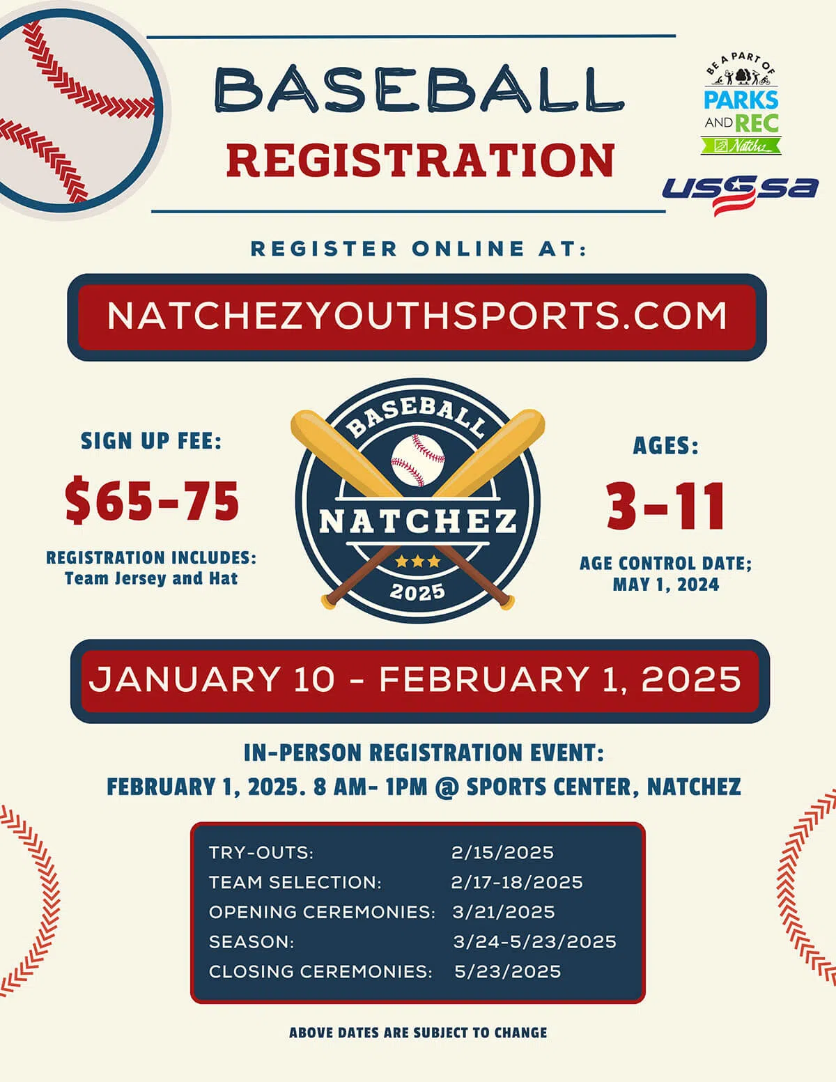 Natchez Youth Sports Announces Spring 2025 Baseball Registration and Season Details