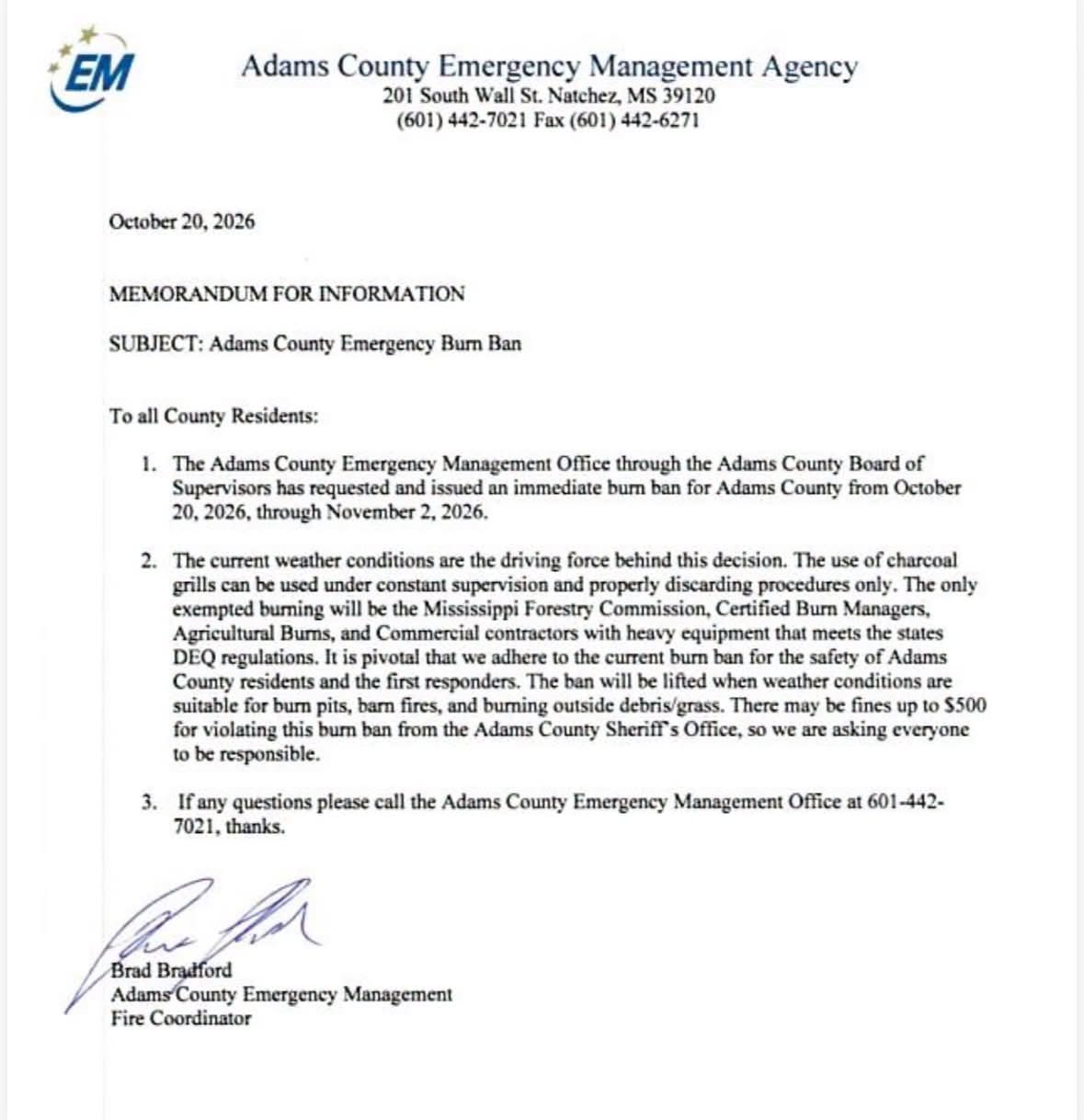 Emergency Burn Ban Issued for Adams County Through November 2