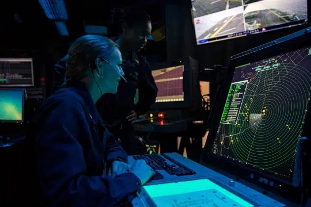 Air Traffic Controller 1st Class Brittni Latterell and Air Traffic Controller Chief Ayanna Gregg man the marshall control aboard the amphibious assault ship USS Wasp (LHD 1). Wasp is currently underway conducting anti-submarine warfare (ASW) training in support of Exercise Black Widow.