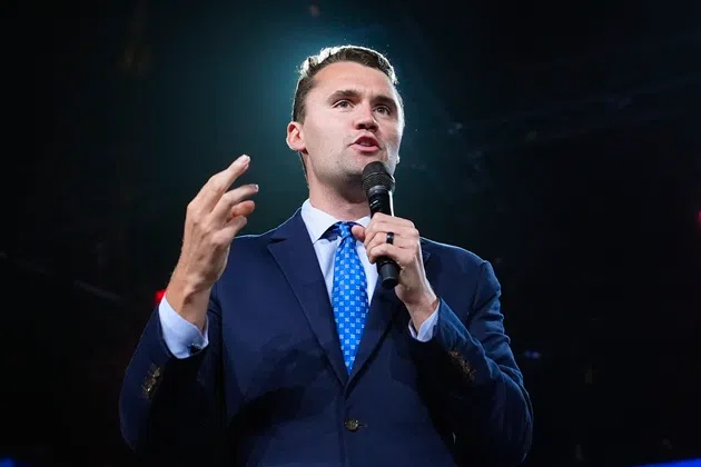 FILE - Turning Point USA Founder Charlie Kirk speaks at a Turning Point event prior to Republican vice presidential nominee Sen. JD Vance, R-Ohio, speaking, Sept. 4, 2024, in Mesa, Ariz.