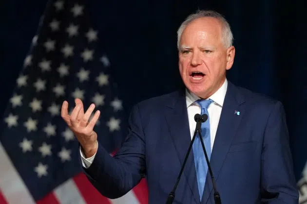 FILE - Minnesota Gov. Tim Walz speaks at the California Democratic Party's 2025 State Convention at the Anaheim Convention Center in Anaheim, Calif., on May, 31, 2025.