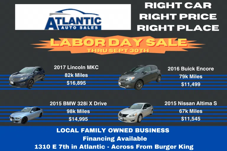LABOR DAY SALE at Locally Owned Atlantic Auto Sales Western Iowa Today 96.5 KSOM KS 95.7