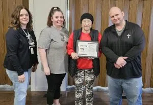 Retirement: Left to Right: SWITA Transit Coordinator Kristen Templeton, Stacy Jones (Jackie's Daughter), Retired Driver Jackie Williams, SWITA Transit Director Mark Lander.