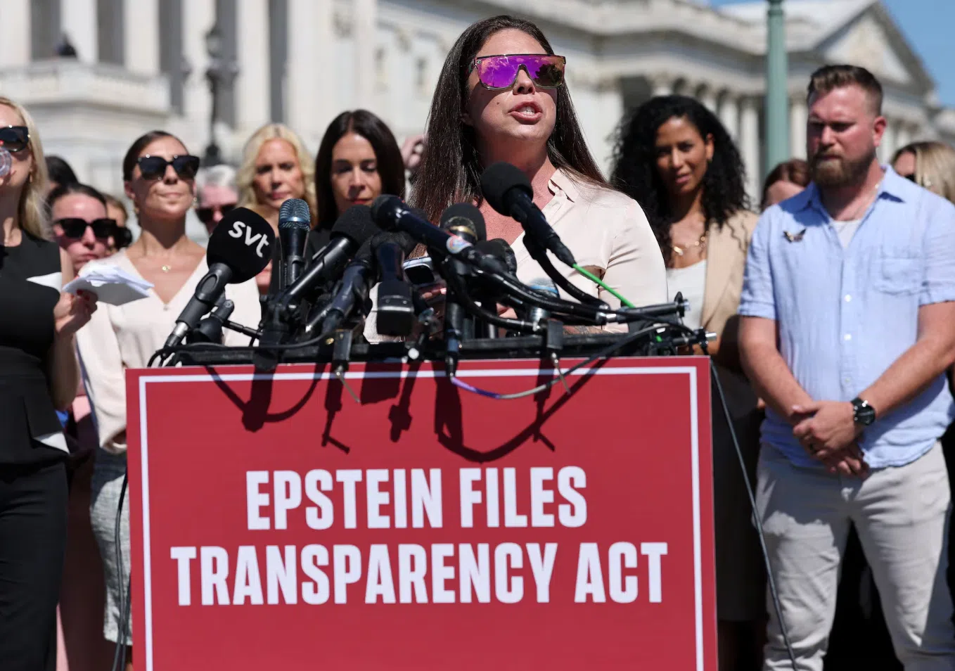 Haley Robson speaks during a press conference to discuss the Epstein Files Transparency bill, directing the release of the remaining files related to the investigations into Jeffrey Epstein and Ghislaine Maxwell, on Capitol Hill in Washington, D.C., U.S., September 3, 2025. REUTERS/Jonathan Ernst