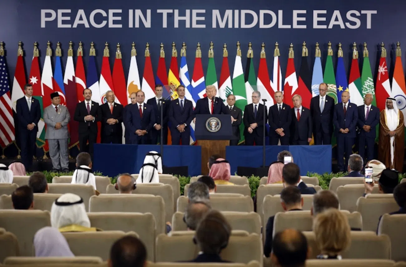 Trump speaks during a world leaders' summit on ending the Gaza war in Sharm el-Sheikh, Egypt, October 13, 2025. Yoan Valat/Pool via REUTERS