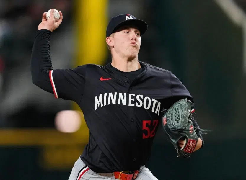 Minnesota Twins Starting Pitcher Zebby Mathews twirls 7 innings of 1 run ball in the win (AP Photo/Tony Gutierrez)