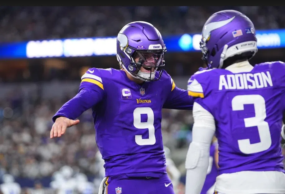 Vikings QB J.J. McCarthy celebrates throwing a passing TD. (AP Photo/Julio Cortez)