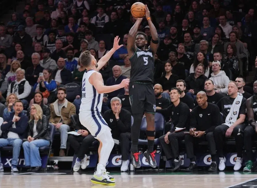 Minnesota Timberwolves Guard Anthony Edwards (5) shoots a three March 3rd, 2026 (AP Photo/Abbie Parr)