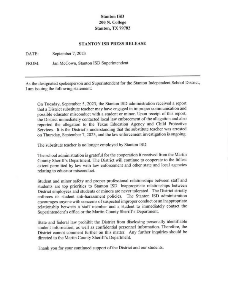 Stanton ISD Substitute Teacher Arrested Kbest Media Stanton ISD Substitute Teacher Arrested Kbest Media