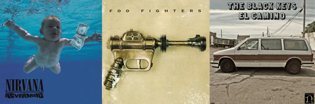 Album covers from Nirvana, Foo Fighters, and The Black Keys