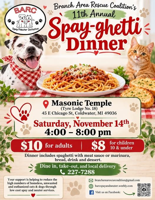 Business Beat : Branch Area Rescue Coalition annual Spay-ghetti Dinner  set for November 14th