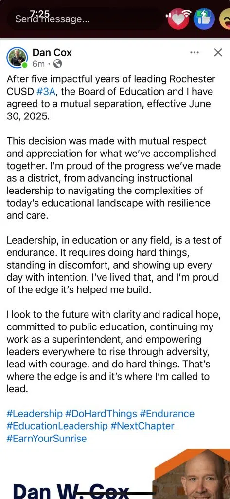 Dan W. Cox message on Facebook