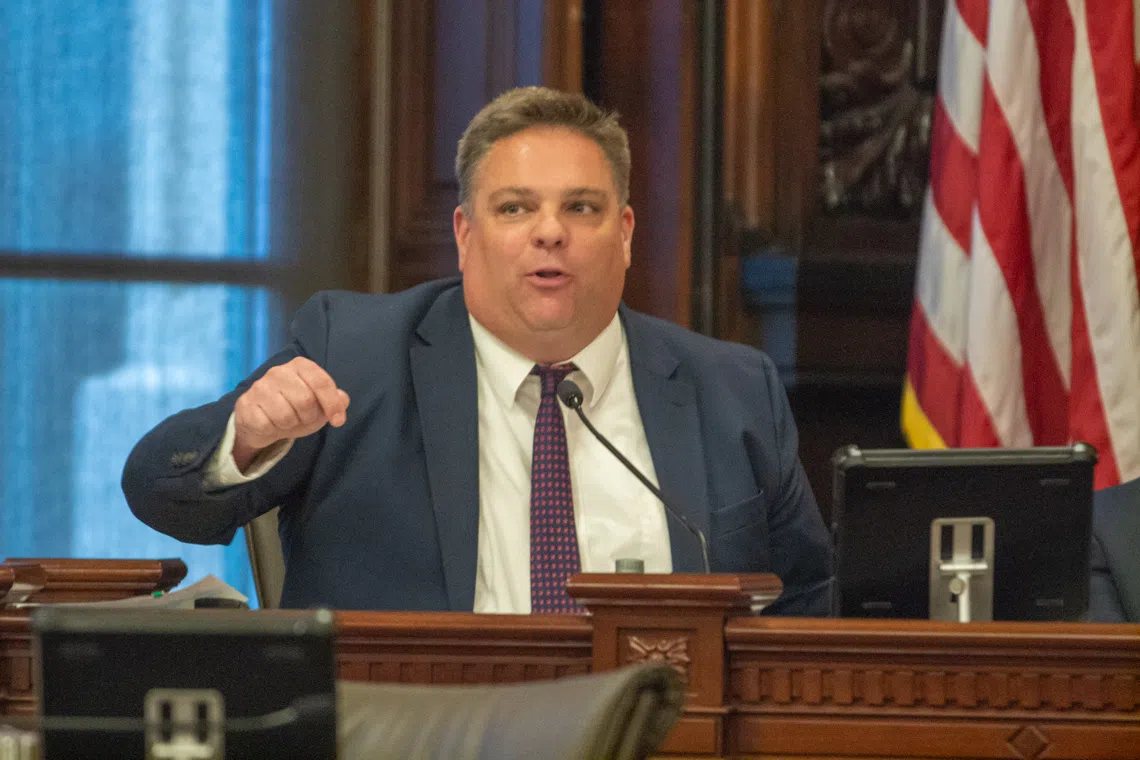 State Sen. Chapin Rose, R-Mahomet, criticizes Democrats for not including more funding for care providers for people with developmental disabilities in a committee hearing on Saturday, May 31. (Capitol News Illinois photo by Jerry Nowicki)