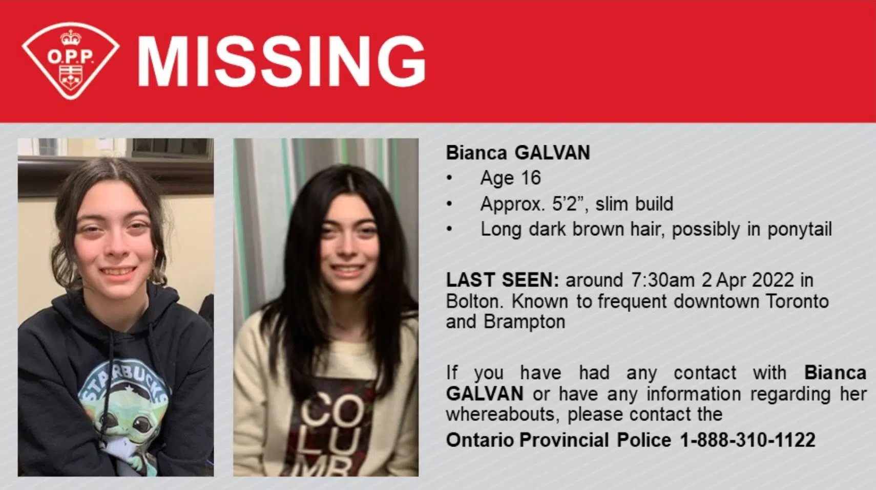 Caledon OPP Looking for Missing Teen