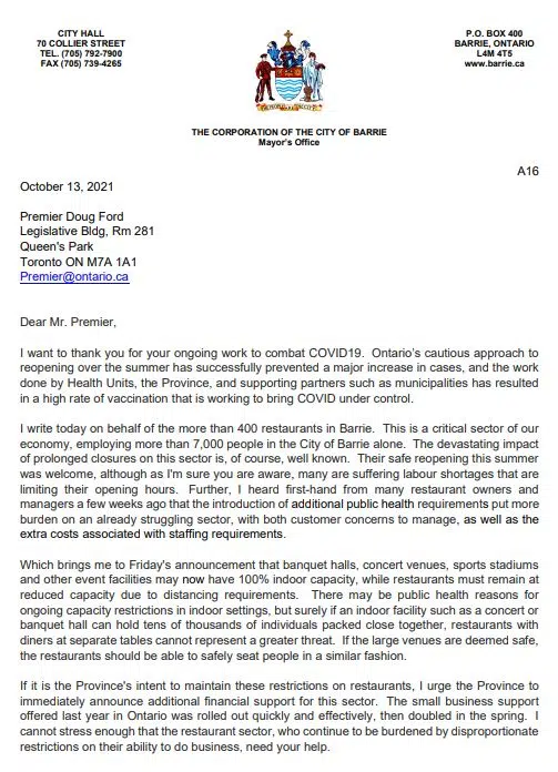 Barrie Mayor Writes Letter To Premier About Restaurant Capacity