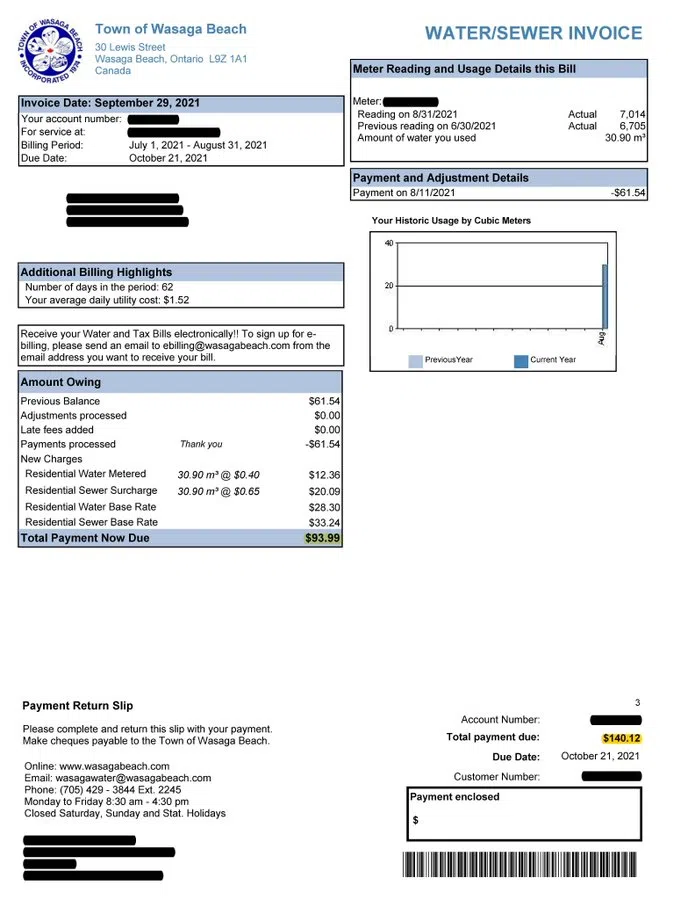 Printing Error On Some Wasaga Beach Water Bills