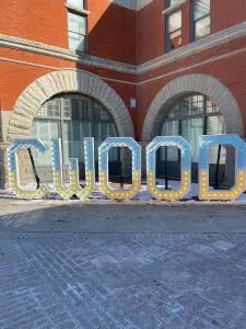 The Collingwood Downtown Business Improvement Area has lit the iconic CWOOD sign in the colours of the flag of Ukraine: Blue and Yellow.