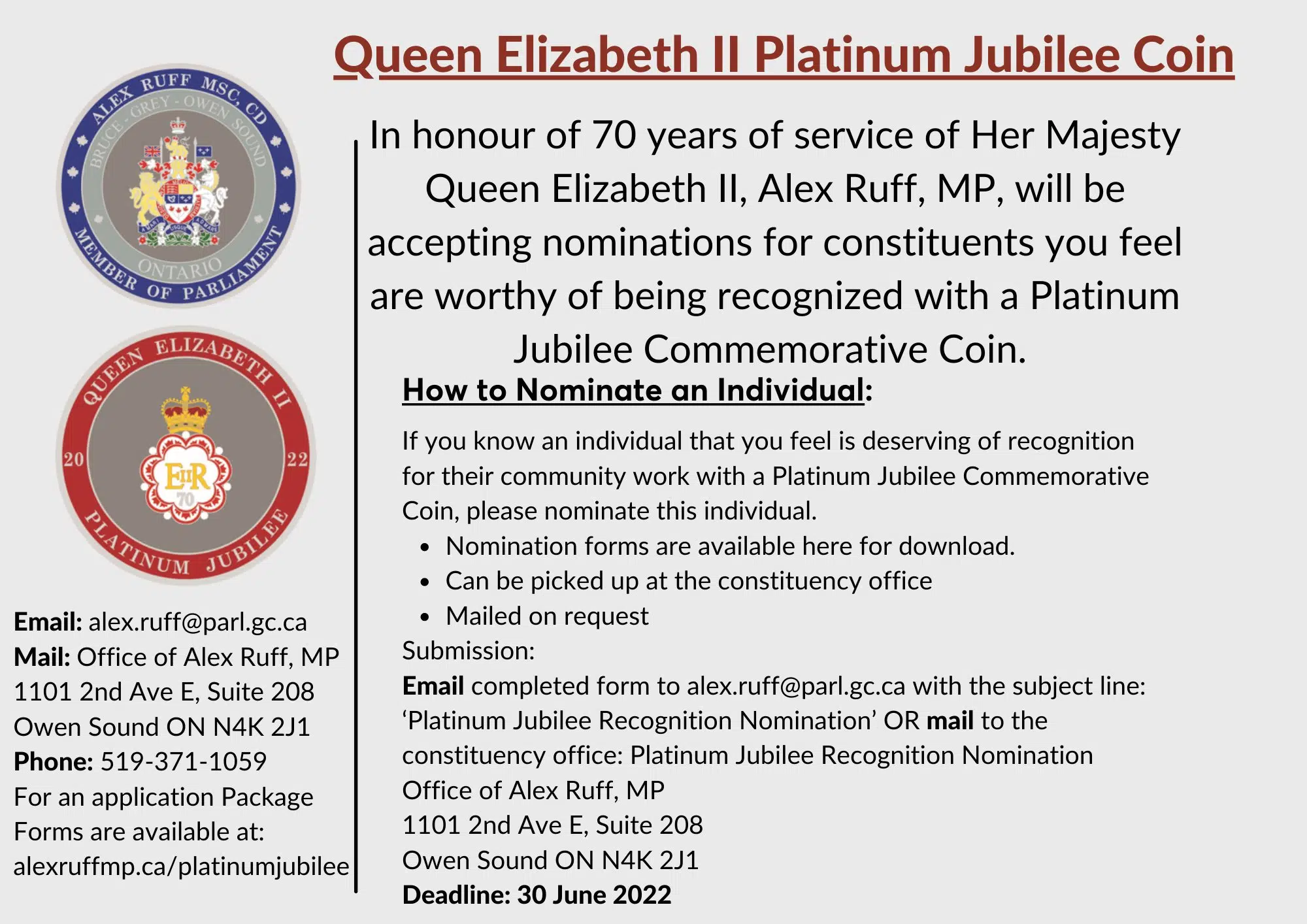 Bruce-Grey-Owen Sound MP Alex Ruff To Recognize 70 Local People For Queen's Platinum Jubilee