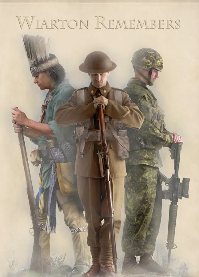 Mural shows an indigenous soldier, a WWI soldier and a soldier in the Afghanistan war 