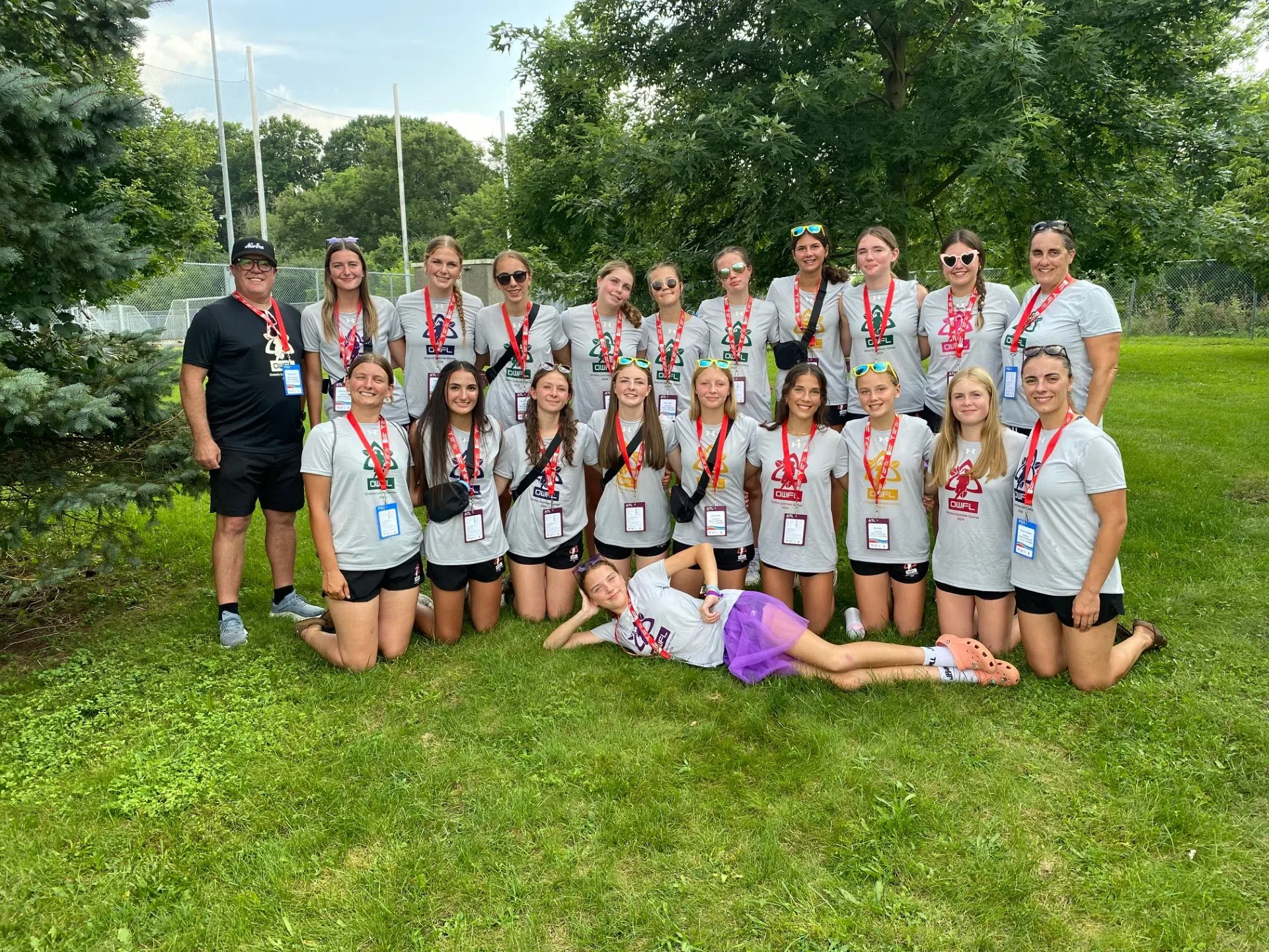 1st row - London Doyle 2nd row (l-r) - Lauren Radbourne (coach), Camryn Stauffer, Hannah Davies, Ella McCoubrey, Lauren Neil, Megan Nissen, Ella Todd, Camryn Laycock, and Reese Wilkins (coach) 3rd row (l-r) - Richard Harris (manager), Katie Marshall, Willow Smith-Spinney, Bree Wilkins, Ainsley Smith, Mya Good, Taryn Weppler, Leah Cooper, Grace Smyth, Mykah Harris and Kelly Wilkins (manager)