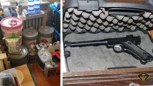 OPP Photo shows a handgun in a case and a second photo of buckets of chemicals 