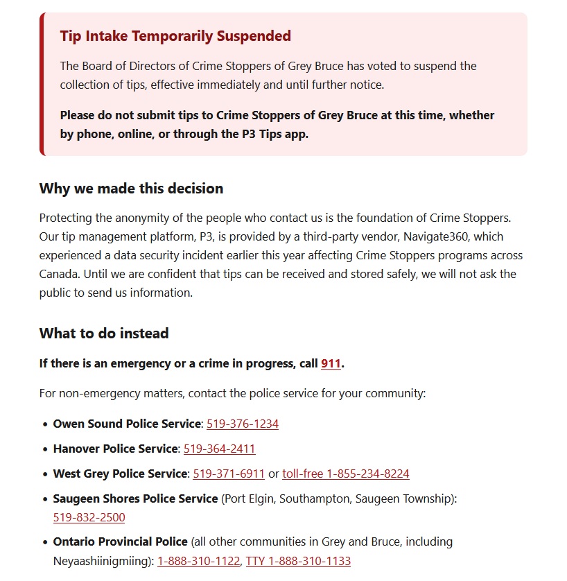 Crime Stoppers Grey Bruce Pauses Tip Submissions After National Data Breach