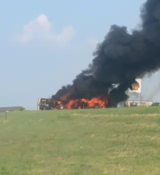 UPDATE: Motorhome destroyed by fire; tractor falls to US-75 after wreck near BETO Junction