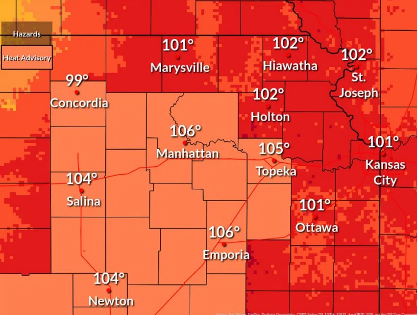 Heat advisory coming for Lyon, Chase, Greenwood, Morris, Osage, Wabaunsee counties 1-7 pm: severe weather possible afterward