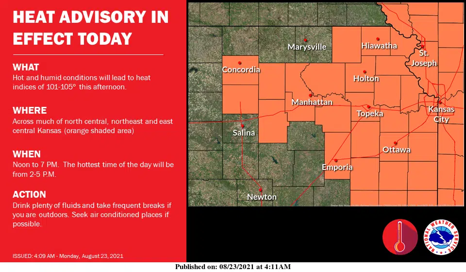 Lyon, Coffey, Osage and Wabaunsee counties placed in heat advisory for Monday