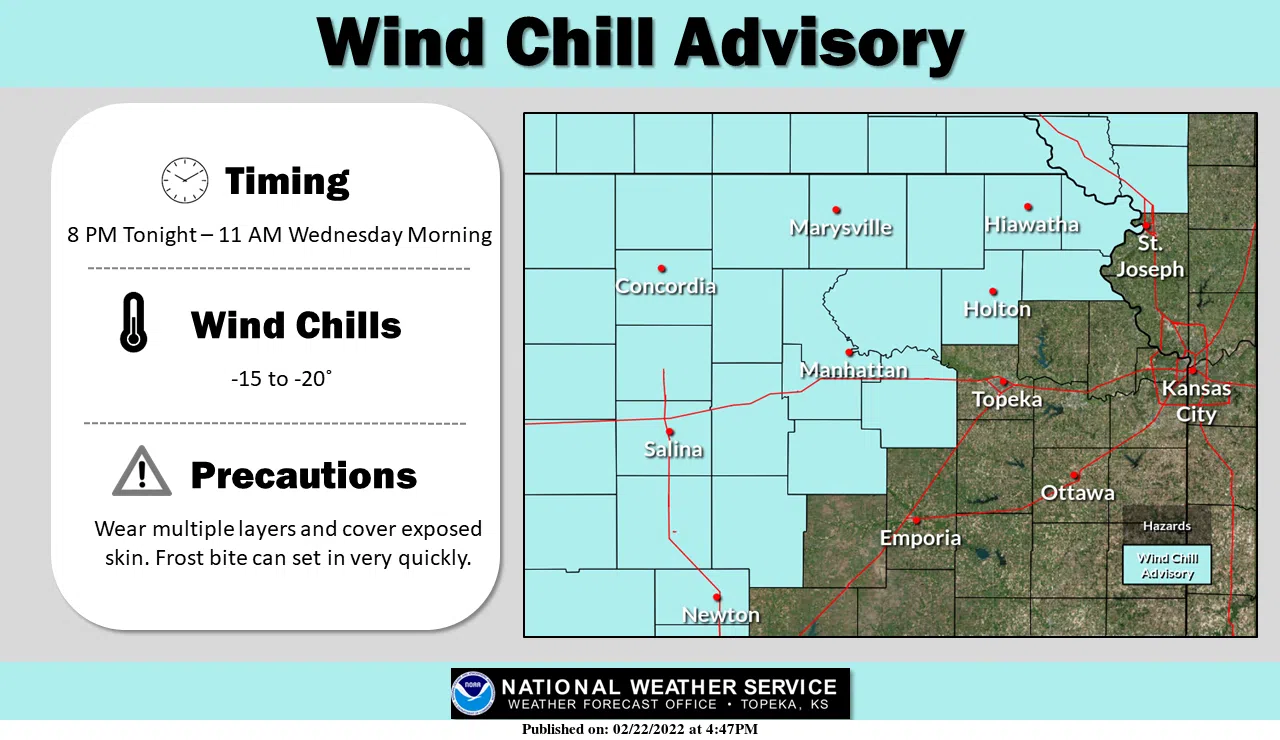 Wind chill advisory announced for Lyon, Morris, Osage and Wabaunsee counties until 11 am Wednesday